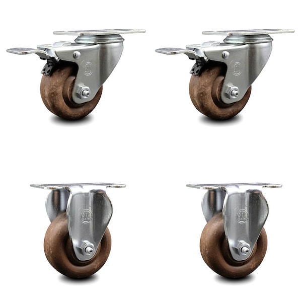 3 Inch High Temp Glass Filled Nylon Top Plate Caster Lock Brakes 2 Rigid, 2PK